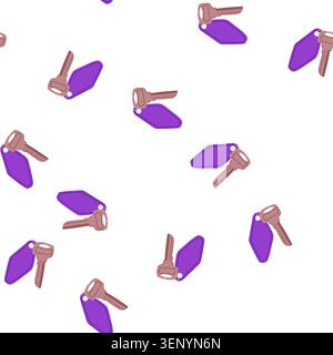 pattern hotel room key with classic metal key and blank purple plastic keychain fob on white background, vector style illustration symbolizing travel, Stock Vector