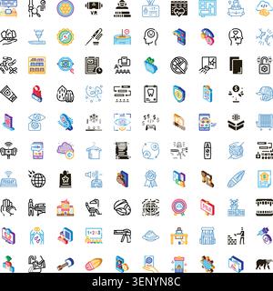 Large set of line art and flat design icons displaying various concepts related to technology, human health, business, science, education, and daily l Stock Vector