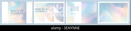 Gradient holographic presentation bg, iridescent chrome ppt cover. Neutral sky poster set. Geometric frame with hologram texture paper in clean foil Stock Vector