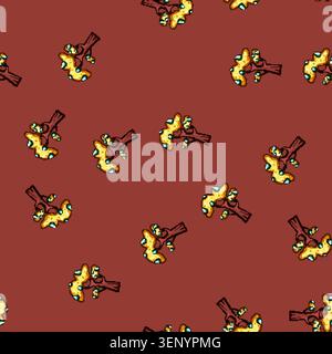 seamless pattern Fantasy cartoon tree featuring a stylized brown trunk and branches with yellow foliage adorned by glowing blue and turquoise gem like Stock Vector