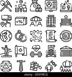Collection of minimal black line icons depicting various concepts related to business, logistics, finance, health, real estate, law, and education on Stock Vector