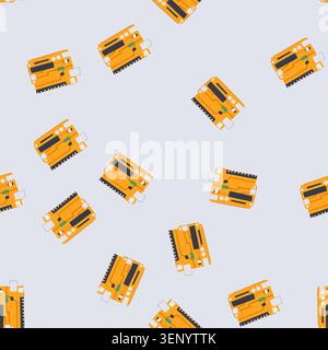pattern computer microcontroller cartoon. semiconductor processor, microchip arduino, abstract pcb computer microcontroller sign. seamless vector illu Stock Vector