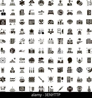 Diverse set of black glyph icons on a white background, visualizing various industries, services, technology, and social concepts for web and app desi Stock Vector
