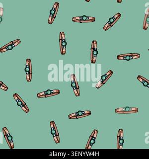 seamless pattern Pet collar featuring a brown strap and a prominent round green tag, ideal for identifying domestic animals and representing pet owner Stock Vector