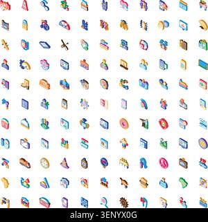 Isometric icon set displaying a large collection of colorful 3d pictograms, representing various digital and real world objects, abstract concepts, sy Stock Vector
