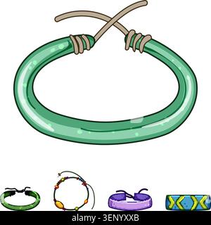 Collection of varied handmade bracelets, featuring a large green design and smaller patterned, beaded, and simple bands, highlighting diverse styles a Stock Vector