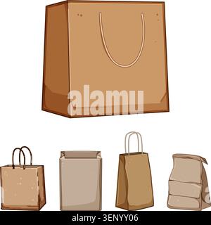 Collection of five brown paper bags illustrating various shapes and sizes for shopping, gifts, and food packaging, promoting sustainability and reusab Stock Vector