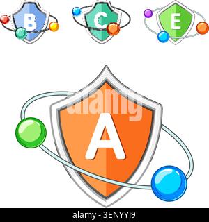 Vitamin a, b, c, and e shield icons illustrate powerful nutrient protection, enhancing wellness, a strong immune system, and overall vitality for the Stock Vector
