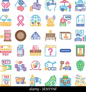 Icons illustrating various concepts including virtual reality, meditation, data processing, broken hearts, coding, and everyday objects, presented in Stock Vector
