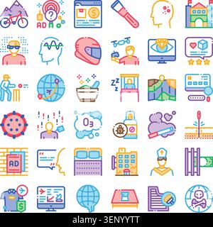 Outlined icon set depicting diverse life activities and modern services  health, technology, travel, business, finance, sports, communication, safety Stock Vector