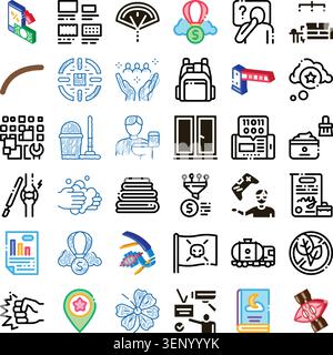 Collection of icon illustrations depicting a wide range of concepts including business, finance, technology, health, nature, education, and household Stock Vector