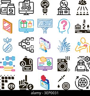 Collection of conceptual glyph and outline icons depicting diverse themes including business, technology, medical, fitness, and industrial application Stock Vector