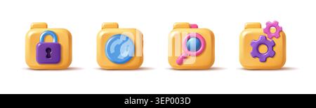 3d folder actions. Cartoon render organizers, yellow computer folders with padlock, magnifying glass, gears and arrows button, digital data management Stock Vector