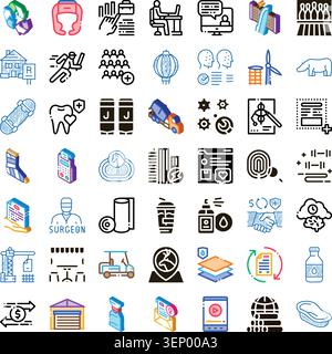 Set of assorted isometric and outline line icons illustrating various businesses, professions, transport, medical care, construction, and sports eleme Stock Vector