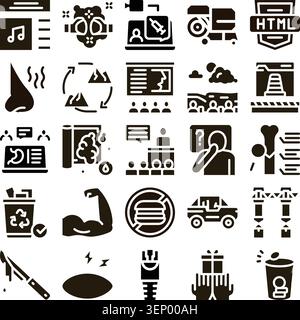 Collection of conceptual glyph icons illustrating various themes including online education, medical diagnostics, web development, environmental conce Stock Vector