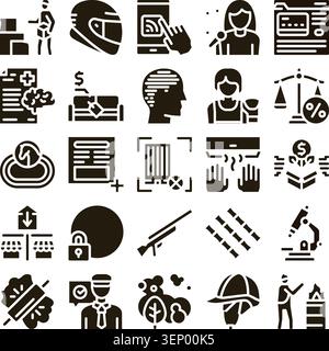 Set of solid design icons illustrating diverse concepts related to various insurance services, including health, property, liability, and business pro Stock Vector