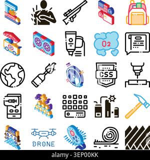 Assortment of line icons in flat and isometric styles representing a wide range of modern concepts including technology, industry, social issues, glob Stock Vector