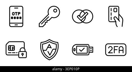 Cyber security and two factor authentication 2fa line icon set Stock Vector