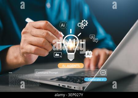 Idea creation using virtual generative ai lightbulb and command prompt, smart automation allows person to generate innovative content idea while worki Stock Photo