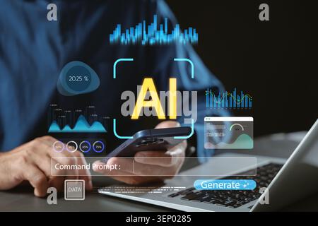 AI generative technology empowers professional using command prompt on mobile phone and laptop to generate text, complex data visualization, automatio Stock Photo