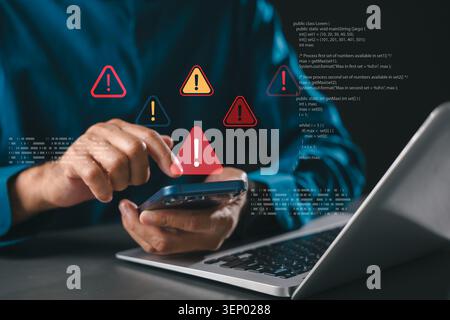Warning signs show computer cybersecurity threats like data hacking and ransomware, phishing and spyware alert user of cybercrime attack as warning tr Stock Photo