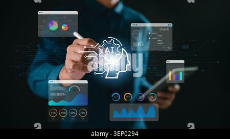 AI Chatbot system uses smart artificial intelligence technology interface, while expert with digital stylus processes data visualization using robot a Stock Photo