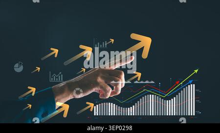 Business percentage offer discount tax interest inflation trends show through rising digital graphs, as human hand points at glowing arrows for financ Stock Photo
