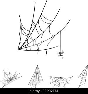 Collection of various spider web illustrations with small arachnids, useful for horror, mystery, and decorative concepts, isolated on a white backgrou Stock Vector