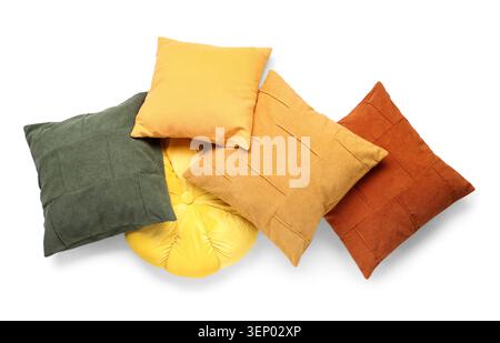 Assortment of colorful decorative pillows and cushions for home decor and interior design isolated on white background Stock Photo