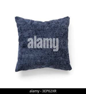 Comfortable dark blue woven fabric throw pillow for home decor and interior design isolated on white background, the pillow features a textured surfac Stock Photo