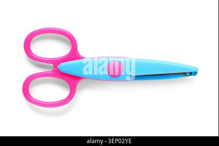 Bright pink and blue childrens safety scissors for crafting and school supplies, isolated on white background Stock Photo
