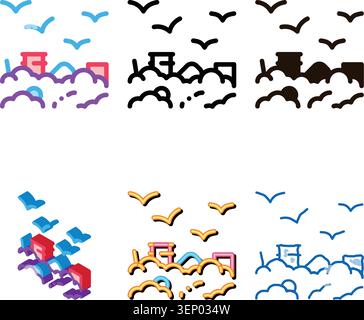 Building Smog And Birds Vector Thin Line Icon. City Town Environmental Pollution, Chemical, Industrial Smog Steam Linear Pictogram. Dirty Soil, multis Stock Vector