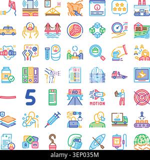 Set of vector linear icons representing a diverse range of business, finance, technology, health, and activity concepts for digital and print media ap Stock Vector