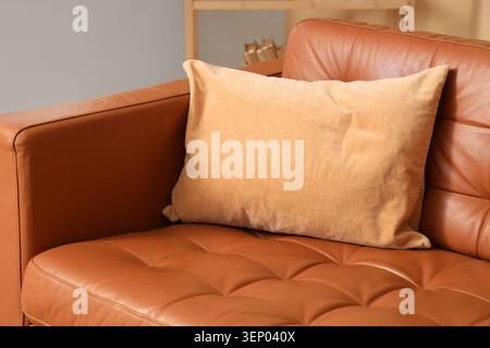 Comfortable brown leather sofa with soft beige cushion, modern living room furniture and home interior design, this furniture piece contributes to a s Stock Photo