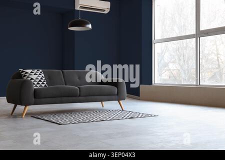 Modern living room interior with dark blue wall, gray sofa, geometric rug, and large window Stock Photo