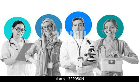Diverse medical professionals and scientists collaboration, healthcare and research teamwork, global medical innovation Stock Photo