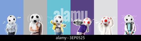 Diverse group of people with soccer ball heads, sports enthusiasm and team spirit concept, creative collage art Stock Photo