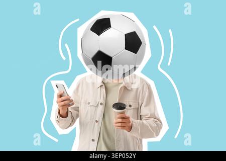 Soccer ball headed person using smartphone and holding coffee cup, sports fan lifestyle and digital connectivity, football Stock Photo