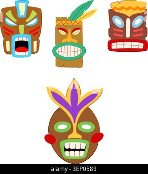 Tribal wooden masks with vibrant colors and intricate designs depicting various expressions and emotions, evoking a sense of ancient culture and myste Stock Vector