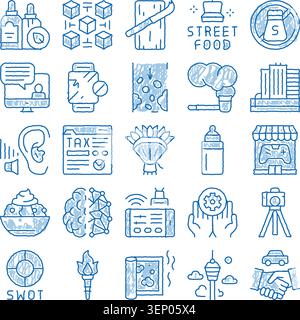 Collection of hand drawn blue line icons on white background illustrating business, health, food, lifestyle, technology, travel and urban concepts for Stock Vector