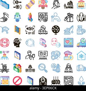 Diverse collection of line and isometric icons illustrating various concepts including business. Technology. Finance. Travel. Healthcare. Logistics. A Stock Vector
