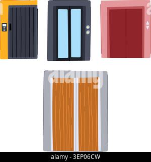 Different types of industrial and commercial elevator doors illustrating vertical transport, accessibility, and architectural elements with various fi Stock Vector