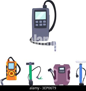 Various air pump tools and tire inflators providing mobile and manual solutions for maintaining optimal pressure in tires and other inflatable objects Stock Vector