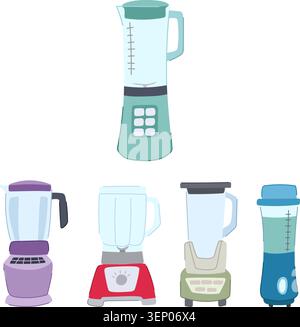 Various blenders and food processors arranged on white background, showcasing modern kitchen appliances for smoothies, cooking, and healthy meal prepa Stock Vector