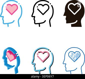 Heart Love Symbol In Man Silhouette Mind Vector series Icon Thin Line. Cube And Brain, Puzzle And Shield, Padlock And Magnifier Stock Vector