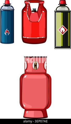 Various gas containers, including smaller aerosol like canisters for portable stoves and larger red cylinders for domestic or industrial fuel, are pre Stock Vector