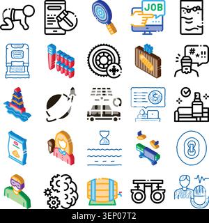 Collection of numerous diverse isometric icons illustrating various concepts from business, technology, finance, health, environment, and personal dev Stock Vector