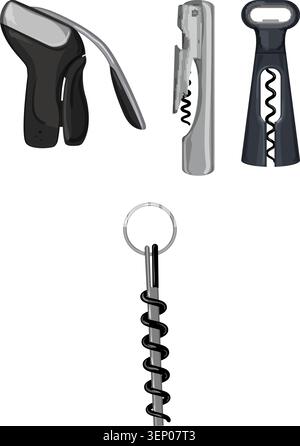 Collection of various corkscrews and wine openers on white background, classic and modern styles for sommelier, home bar, restaurant or kitchen use, i Stock Vector