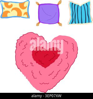 Colorful decorative throw pillows arranged on white background, swirl pattern rectangle, purple tasseled square, blue striped cushion, fluffy pink hea Stock Vector
