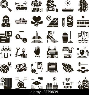 Diverse set of solid black glyph icons illustrating themes like safety, industry, maintenance, healthcare, logistics, protection, and various service Stock Vector